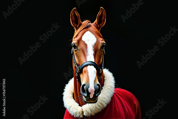 Fototapeta Portrait of a red horse in a red blanket on a black background. Symbol of 2026. AI generative.