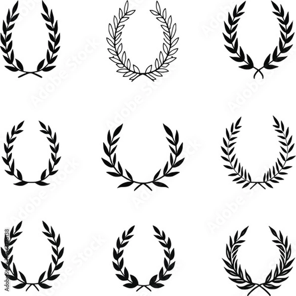Fototapeta Nine black laurel wreaths silhouettes design elements