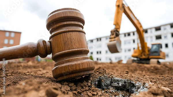 Fototapeta Legal and Construction: A wooden gavel rests on broken ground, with a construction excavator in the background, symbolizing law meeting progress.