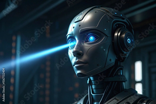 Fototapeta Futuristic humanoid robot with glowing eyes and sleek design exudes a sense of advanced artificial intelligence