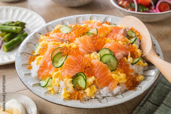 Fototapeta 【サーモンのちらし寿司】たっぷりのサーモンとイクラが嬉しいチラシ寿司です。