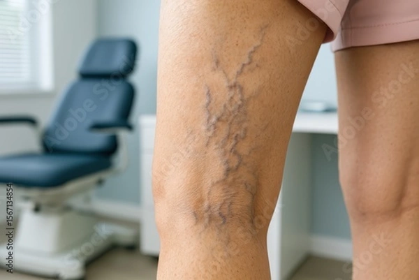 Fototapeta A woman's leg with varicose veins is shown in a doctor's office. Concept of: Medical examination.
