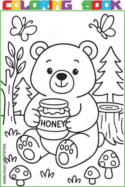 Fototapeta Coloring page for kids, a cute cartoon bear with a jar of honey, a black outline, and a white background.