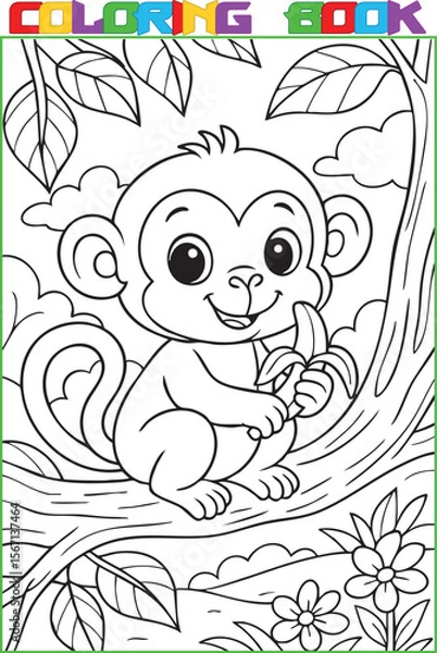 Fototapeta Coloring page for kids, a cute cartoon monkey with banana, a black outline and a white background