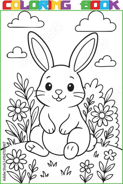 Fototapeta Coloring page for kids, a cute cartoon rabbit, a black outline and a white background