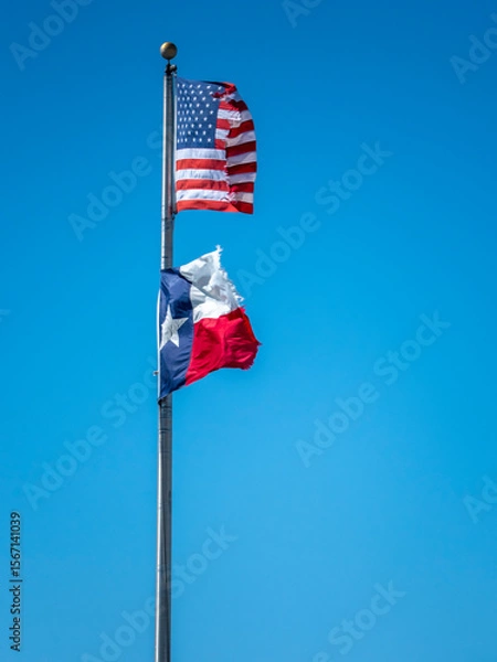 Fototapeta Torn American and Texas flags wave against a clear blue sky.
