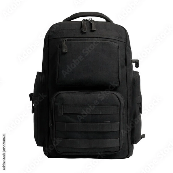 Obraz Isolated black tactical backpack with multiple pockets on a black background