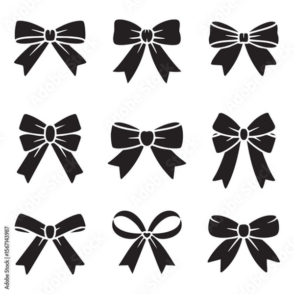 Fototapeta Collection Of Decorative Bows Black And White Vector Silhouettes Set Gift Wrapping Ornament Holiday Celebration Element Design Graphic Icon