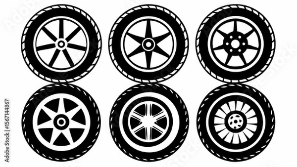 Fototapeta Collection of six stylized black car wheels and tires with different rim designs isolated on white background
