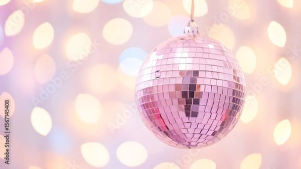 Fototapeta Close up of a pink disco ball hanging in front of blurred bokeh lights background