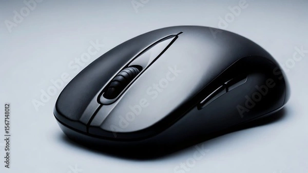 Fototapeta A close up of a sleek black computer mouse with a silver scroll wheel detail