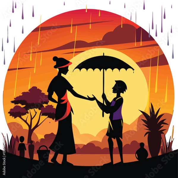 Fototapeta This collection of images depicts illustrations related to rain, including raindrops, umbrellas, and cloudy skies