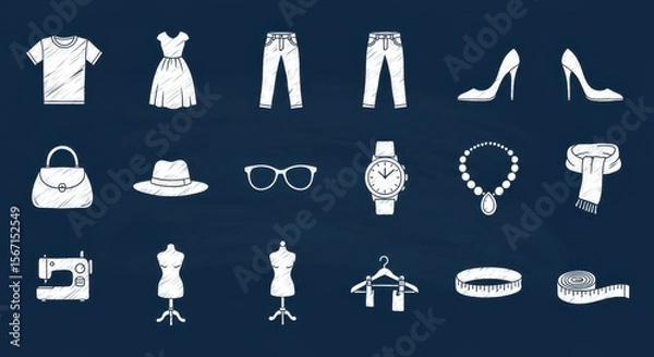 Fototapeta A collection of 16 distinct, white, flat-design icons rendered in a chalk-drawing style, on a navy blue blackboard background. Each icon represents a popular fashion or apparel theme. 