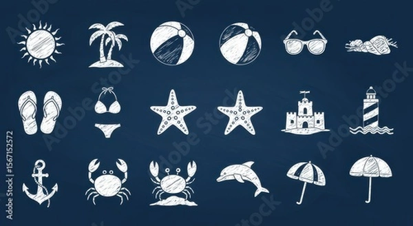 Fototapeta A collection of 16 distinct, white, flat-design icons rendered in a chalk-drawing style, on a navy blue blackboard background. Each icon represents a popular beach, ocean, or summer theme.
