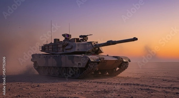 Fototapeta A highly detailed, realistic photograph of a modern main battle tank, like an M1 Abrams or Leopard 2, positioned on a dusty, arid battlefield at dawn. The tank should be in a dynamic pose,.