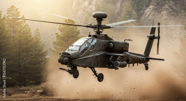 Fototapeta A photograph of a modern attack helicopter, such as an AH-64 Apache or Mi-28 Havoc, hovering low over a rugged, forested terrain. Show its weaponry clearly visible