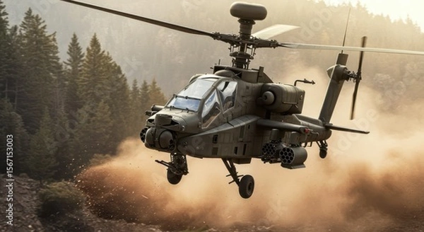 Fototapeta A photograph of a modern attack helicopter, such as an AH-64 Apache or Mi-28 Havoc, hovering low over a rugged, forested terrain. Show its weaponry clearly visible