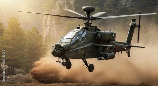Fototapeta A photograph of a modern attack helicopter, such as an AH-64 Apache or Mi-28 Havoc, hovering low over a rugged, forested terrain. Show its weaponry clearly visible