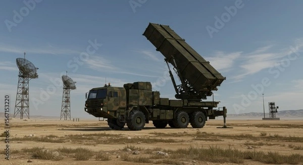 Fototapeta A wide shot of a mobile missile defense system, like a Patriot or S-400, deployed in an open, strategic location. Show the large missile canisters aimed towards the sky, with radar dishes