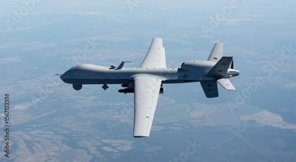 Fototapeta A realistic, high-altitude aerial photograph of a large, advanced military drone (UAV), like an MQ-9 Reaper or Global Hawk, flying silently over a vast landscape. Capture its distinctive shape.