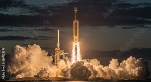 Fototapeta A highly realistic and dramatic photograph of a large, multi-stage ballistic rocket (e.g., resembling a long-range intercontinental ballistic missile or a heavy-lift space launch vehicle)