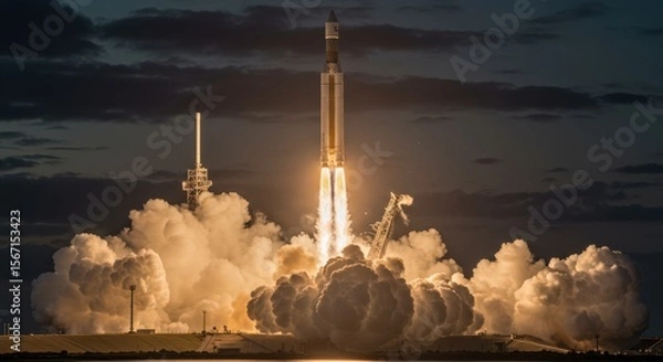 Fototapeta A highly realistic and dramatic photograph of a large, multi-stage ballistic rocket (e.g., resembling a long-range intercontinental ballistic missile or a heavy-lift space launch vehicle)