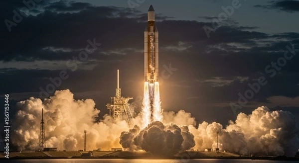 Fototapeta A highly realistic and dramatic photograph of a large, multi-stage ballistic rocket (e.g., resembling a long-range intercontinental ballistic missile or a heavy-lift space launch vehicle)