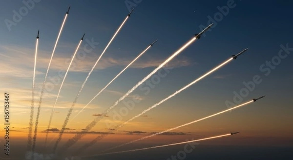 Fototapeta A highly realistic and dramatic photograph of multiple small, agile rockets in active launch or flight across a vast sky. The scene should convey speed, energy, and a sense of dynamic movement.