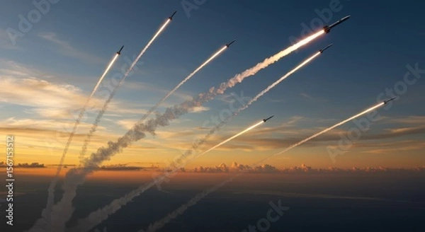 Fototapeta A highly realistic and dramatic photograph of multiple small, agile rockets in active launch or flight across a vast sky. The scene should convey speed, energy, and a sense of dynamic movement.