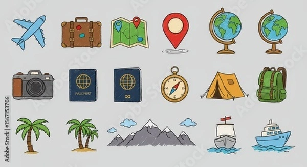 Fototapeta A collection of 12 distinct, colorful, flat-design icons rendered in a chalk-drawing style, with no background. Each icon represents a popular travel theme. Maintain a vibrant and cheerful color palet