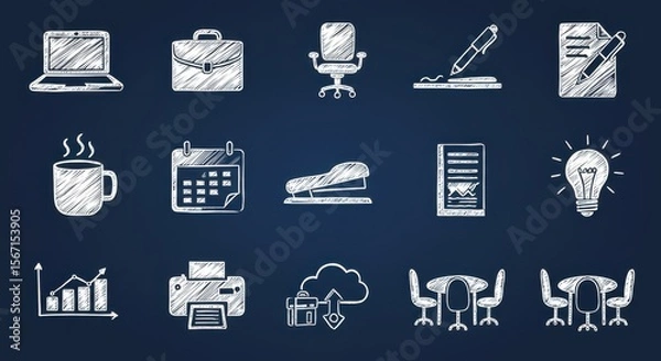 Fototapeta A collection of 12 distinct, white, flat-design icons rendered in a chalk-drawing style, on a navy blue blackboard background. Each icon represents a popular office or business theme. Maintain a clean