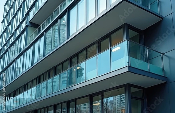 Fototapeta Modern office building with glass balcony facade. Contemporary commercial exterior structure in urban downtown with blue sky reflection. Architectural design, business background. Construction,