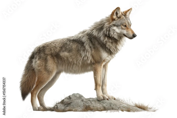 Obraz PNG Majestic wolf standing on rock with detailed fur in profile