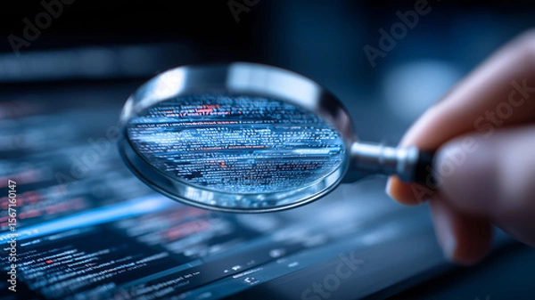 Fototapeta Critical code review concept captured with magnifying glass exposing software lines for cybersecurity auditing.

