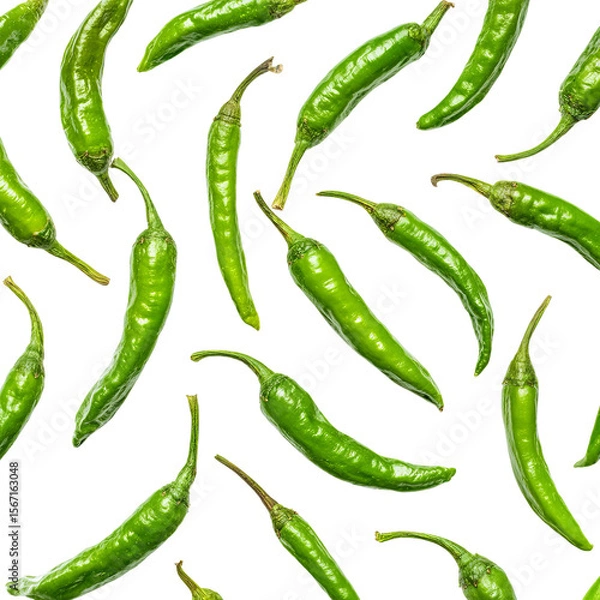 Fototapeta A vibrant collection of fresh green chili peppers. The peppers are scattered and show a spectrum of their natural form.