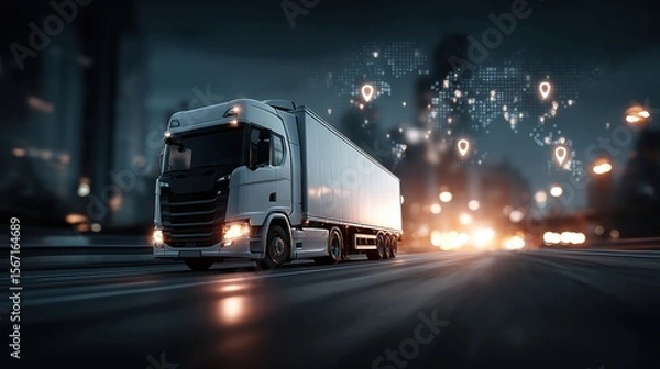 Obraz White semi truck driving on highway at night with gps location indicators