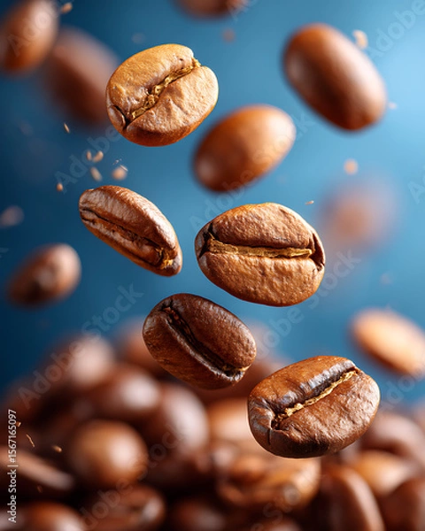 Obraz Flying Roasted Coffee Beans with Blue Background