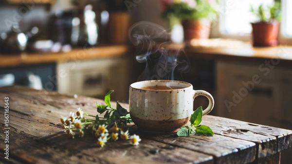Obraz Steaming tea with lemon balm and chamomile, cozy kitchen background. Concept of herbal ritual, inner balance