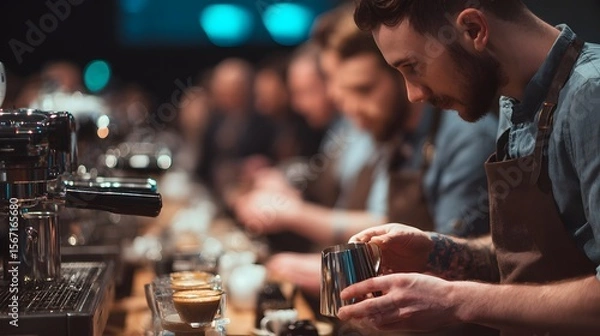 Obraz Barista training coffee preparation professional coffee shop skilled barista latte art coffee making class