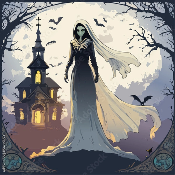 Fototapeta A haunting vector of a ghost bride floating with torn veil and hollow eyes before a foggy chapel, in dark textured comic style full of eerie emotion.