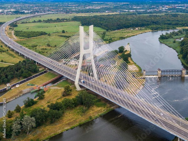 Obraz Aerial view of Most Redzinski bridge over Oder river in Wroclaw, Poland.