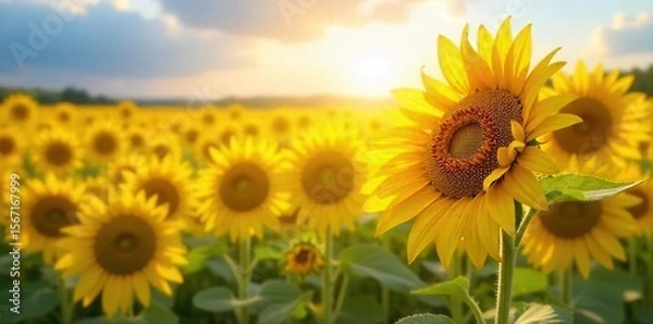 Fototapeta Vibrant Yellow Sunflower Field Basking in Warm Sunlight A Symbol of Hope and Summer Joy