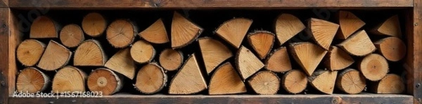 Fototapeta Neatly Stacked Firewood in Rustic Wooden Frame Autumnal Cozy Home Decor