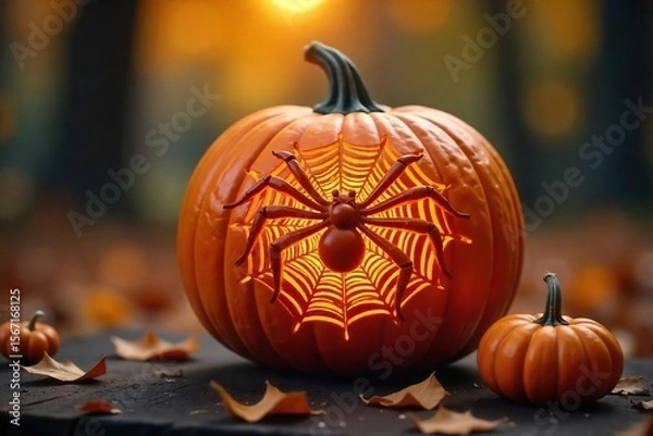 Fototapeta Intricate Spiderweb Pumpkin Carving Spooky Halloween Centerpiece for Autumn Festivities