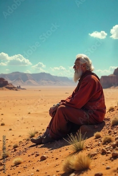 Fototapeta Wise Ancient Sage Contemplates Lifes Mysteries in a Sun-Drenched Desert Landscape, Solitude and Spiritual Reflection in Vast Emptiness