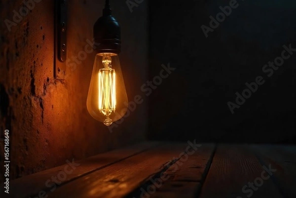 Fototapeta Warm Edison Bulb Glow Illuminates Dark Room, Casting Soft Shadows Perfect for Nostalgia, Comfort, and Romantic Ambiance