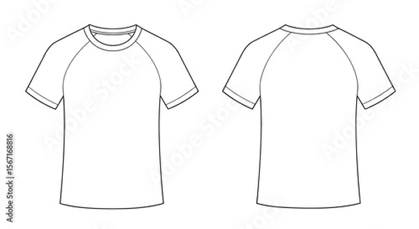 Fototapeta Vector technical fashion flat sketch T-shirt with raglan sleeves, front and back mockup views on transparent background