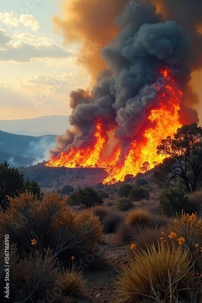 Fototapeta Dramatic Wildfire Inferno Fierce Flames Engulfing Dry Brush and Trees in a Sunlit Wilderness Landscape, Smoke Billowing into the Sky