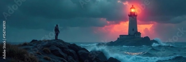 Fototapeta A solitary figure stands watch atop a majestic lighthouse, gazing out at a dramatic, stormy sea The powerful beam cuts through the darkness, a beacon of hope against the elements , shore, guard