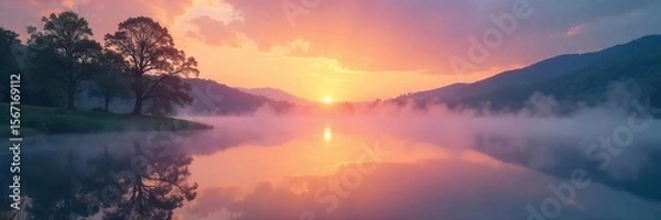 Fototapeta Serene Sunrise over Tranquil Lake Misty Ethereal Atmosphere, Perfect for Calming Backgrounds, Websites, Calendars, and Peaceful Projects